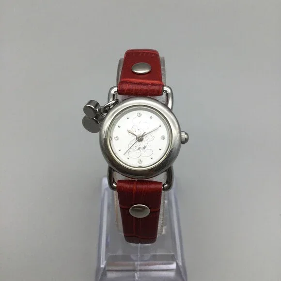 Disney Watch Women Mickey Mouse 22mm Silver Tone Leather Band Charm New Battery - Picture 2 of 15